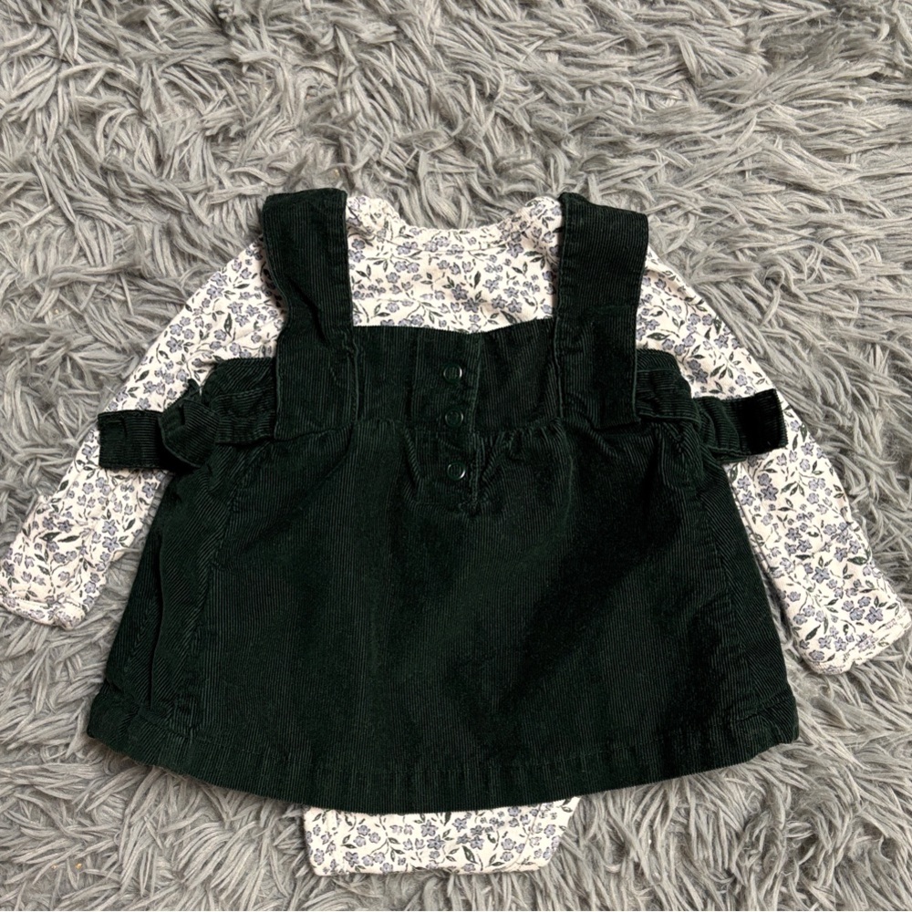 Dark Green Corduroy Pinafore Dress with Floral Onesie - Picture 2 of 16